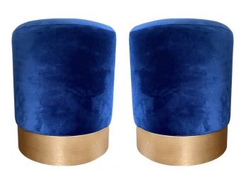 Pair Of Blue Velvet Upholstered Ottomans With Gold Tone Base