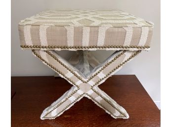 Ballard Designs Geometric Design Textured Fabric Bench Seat With Brass Nailhead Accents