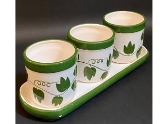 Three Ivy Motif Ceramic Planters & Matching Saucer
