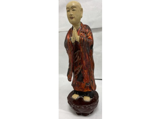 Carved And Painted Monk Antique Figurine