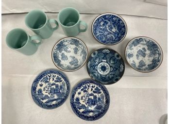 Mixed Lot Of Japanese Bowls, Small Plates And 3 Mugs