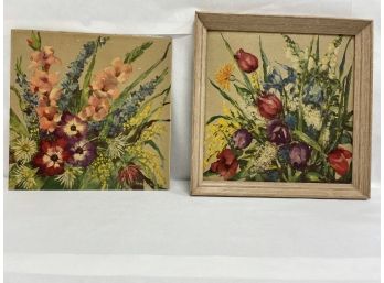Vintage Pair Of Floral Prints On Canvas Board Signed Ann Cochran