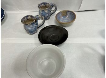 Mixed Lot Of Hand Made Coffee Mugs, Small Bowl, Stoneware Plates And Ceramic Bowl