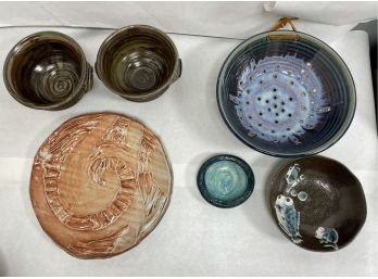Mixed Lot Of Handmade Glazed Bowls, Platter, Berry Bowl
