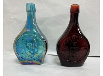 Set Of 2 Wheaton Glass Bottles, Ben Franklin Blue Carnival Glass And Red Liberty Bell / Betsy Ross.