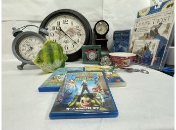 Lot Of Household Items, Children's Videos, Mantel And Wall Clocks, Beatles Song Book And More