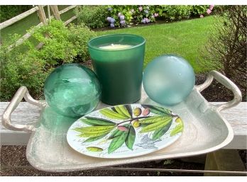 Decorative Grouping - Tray, Candle , Dish And Orbs