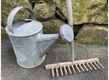 Vintage Rake And Galvanized Watering Can