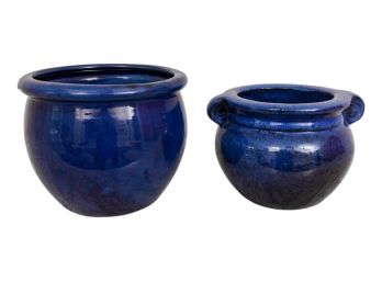 Pair Of Cobalt Blue Glazed Pottery Planters