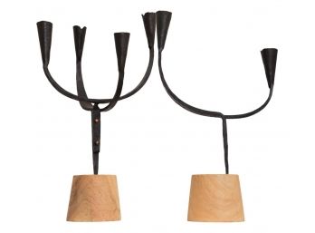 Pair Of Roost Wrought Iron Candlestick Holders With Wooden Base