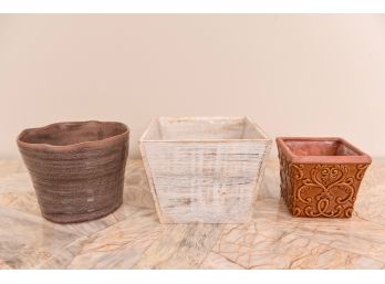 Three Decorative Glazed Pottery And Wooden Planters