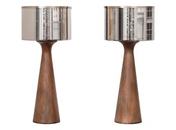 Pair Of Solid Wood Base Table Lamps With Mirrored Glass Shades