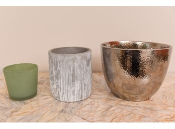 Three Planters - McArdle's Chrome Finish, Home Essentials And Frosted Green Glass