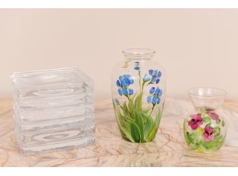 Set Of Six Glass Square Coasters And A Pair Of Hand Painted Small Floral Vases
