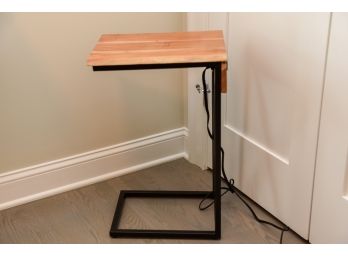 Metal Side Table With Wooden Top And Convenient Built In Power Outlet And USB Ports