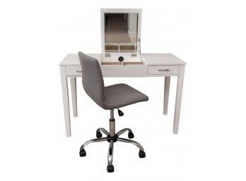 Hives And Honey Two Drawer Vanity Table With Gray Swivel Chair On Casters