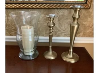 2 Candlesticks & Glass Candleholder