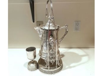 Antique Silver Plate Water Pitcher With Hinged Lid, Tilting Stand And One Goblet