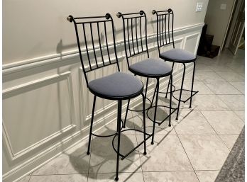 Three Open Back Counter Stools With Pale Blue Cushions