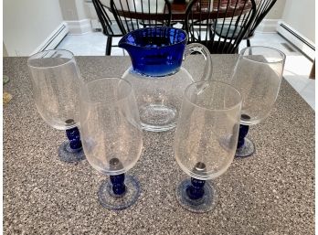 Cobalt & Clear Hand Blown Glass Pitcher And Goblets