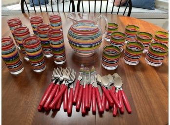 Multi Colored Stripe Acrylic Drink Ware & Red Handled Flatware