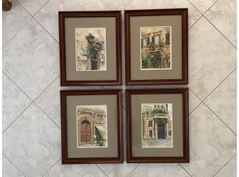 Four Watercolor Stylized Italian Scene Prints, Custom Framed