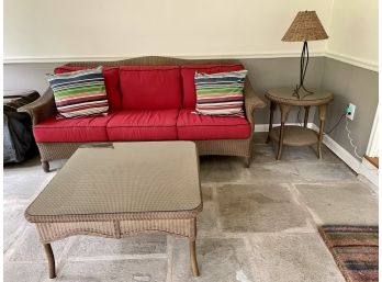 Coordinating Woven Patio Set Including Sofa, Coffee Table, Side Table & Lamp