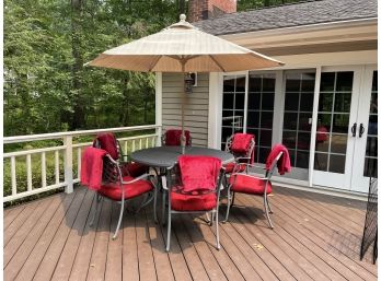 Complete Patio Set Including Table, Umbrella, Six Chairs And Lap Blankets