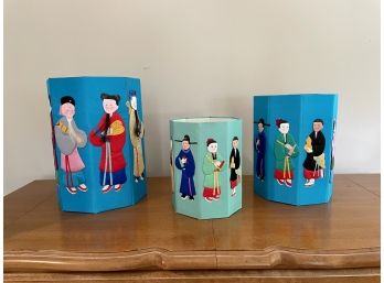 Three Chinese Octagonal Storage Boxes With Silk Fabric Appliques