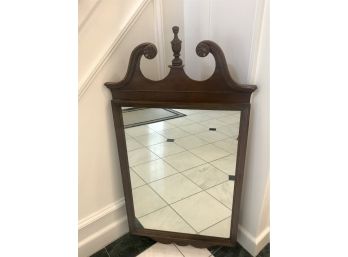 Vintage Wooden Mirror With Scrolled Top And Finial Design