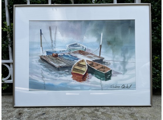 Richard Ochs ( American 1938- 2006 ) Boats By  Lakeside Deck Watercolor, Signed