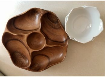 Vintage Hand Carved Wooden Monkey Pod Blair Hawaii Lazy Susan Divided Serving Bowl  & 2 Flower Shaped Bowls