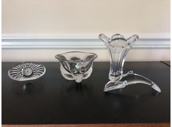 Collection Of Crystal Tabletop Decor- Waterford Clock, Orrefors Vases And Baccarat Crystal Dolphin Figurine