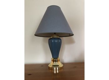 Blue Table Lamp W Brass Tone Base & Neck