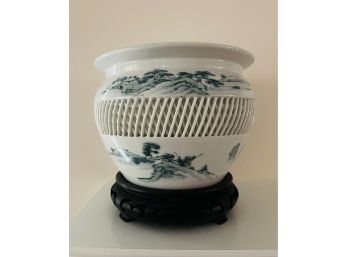 Hand Painted Imari Pot On Carved Wooden Stand