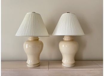 Beige Ginger Jar Lamps W Pleated Shades- A Pair