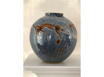 Studio Art Pottery Round Blue Brown Glazed Vase- Signed
