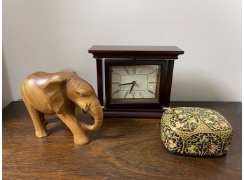 Bombay Company Rotating Mantel Clock W Picture Frame, Hand Carved Elephant Figurine And Lacquered Trinket Box