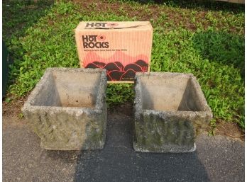 Pair Of Vintage Cement Planters And Hot Rocks