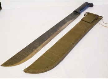 Vintage US Military WWII Machete With Olive Green Canvas Sheath - Stamped US True Tempered 1944