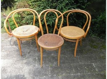 Trio Of Vintage Gebruder Thonet From Ligna Wood & Rattan Bentwood Dining Chairs