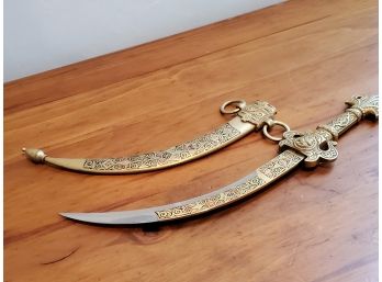 Great Vintage Ornamental Turkish Ottoman Curved Dagger With Ornate Gold Tone Sheath & Handle