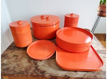 Vintage MCM Heller Designed Bu Massimo Vignelli - Orange Melamine Serving Dinnerware Set