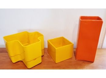 Trio Of Vintage 1970s Mid Century Modern Orange & Yellow Vases & Planters - Gabbianelli & Michael McCann