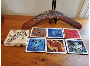 Aboriginal Australia Handmade Hand Painted Boomerang & Set Of Beverage Coasters
