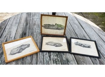 Selection Of Four Vintage Race Car Framed Pencil Drawing Art Prints 8 X 10 - Ferrari, Porsche & Jaguar