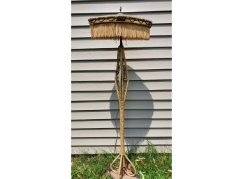 Very Cool Vintage Wicker 57' Floor Lamp With Fringed Wicker Triangular Shaped Frame