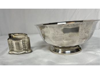 Beautiful Silver-plated Footed Bowl And Silver-plated Lighter.