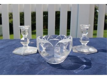 Two Signed Crystal  Candlesticks And One Unmarked Crystal Bowl
