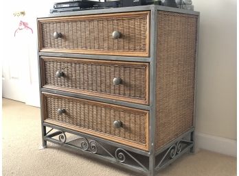 Wicker And Metal Chest  With Matching Wicker Trash Bin